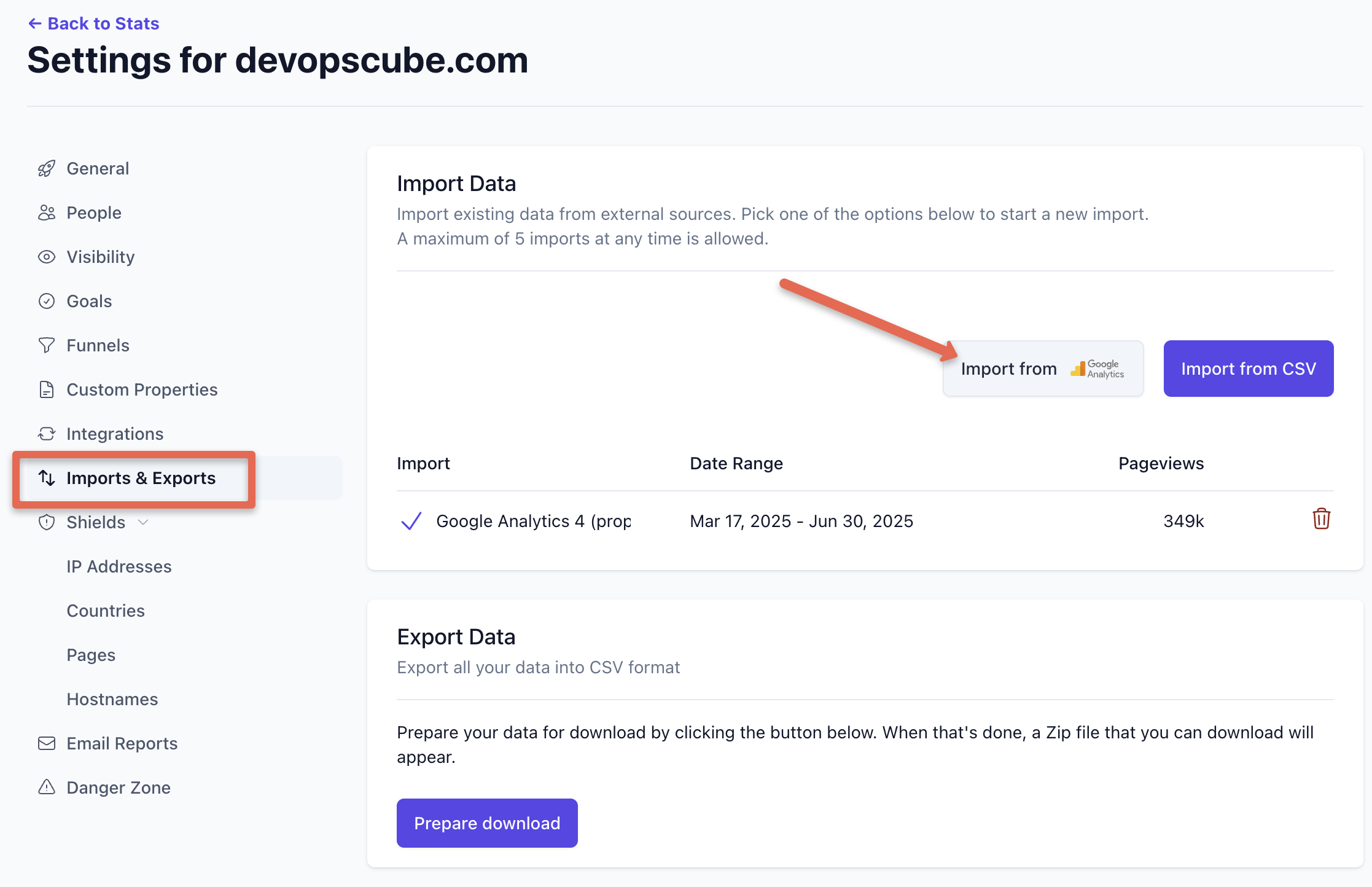 Plausible google analytics data import option