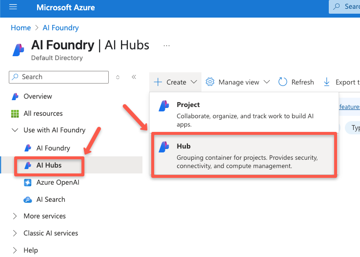 the azure ai foundry hub creation page