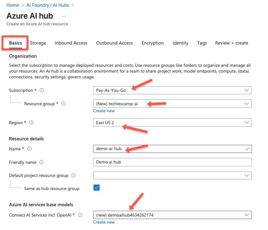 The basics page of the azure ai hub resource creation