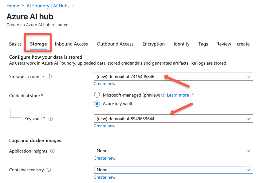 The storage section page of the azure ai hub resouce creation