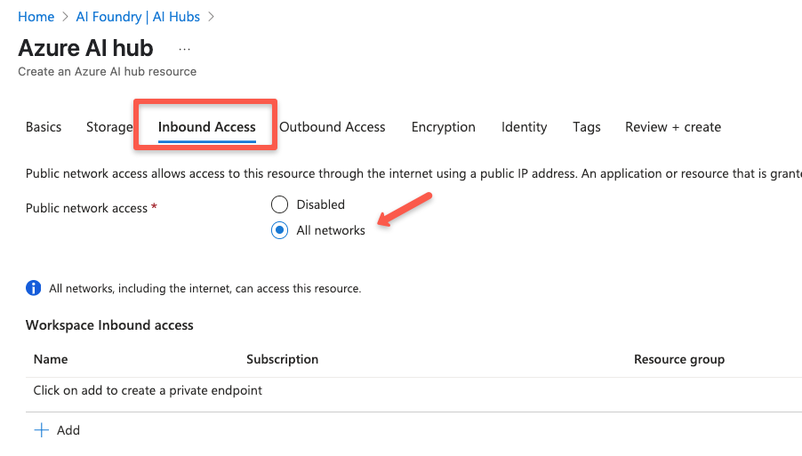 The inbound access section page of the azure ai hub resouce creation