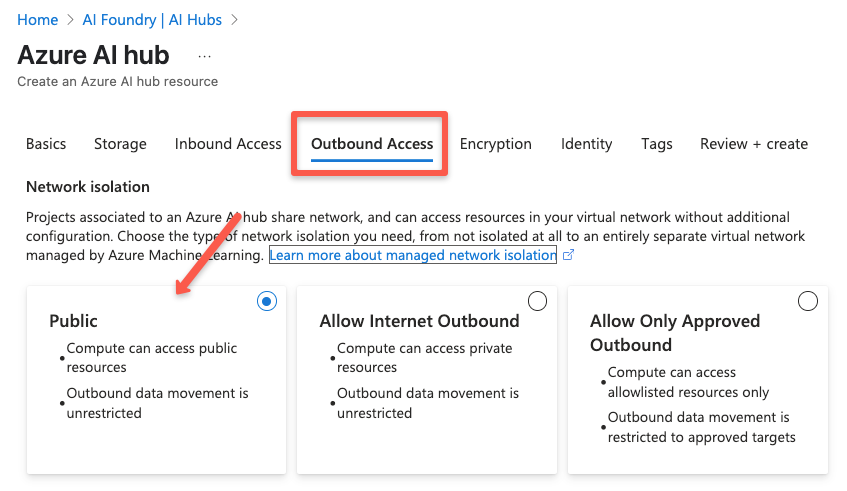 The outbound access section page of the azure ai hub resouce creation