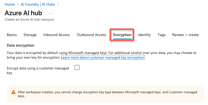 The encryption section page of the azure ai hub resouce creation