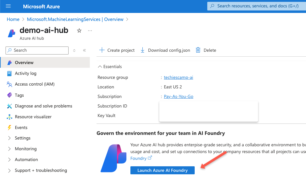 the overview page of the azure ai hub and the launch url of the azure ai foundry