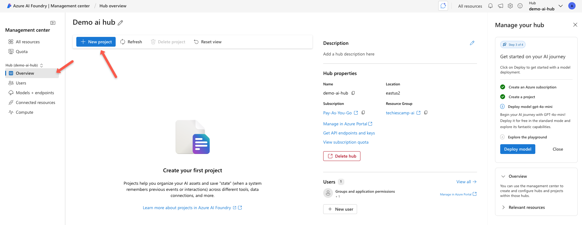 the dedicated azure ai foundry hub page