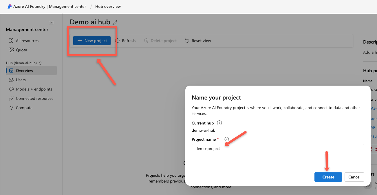 The azue ai project creation page of the azure ai hub