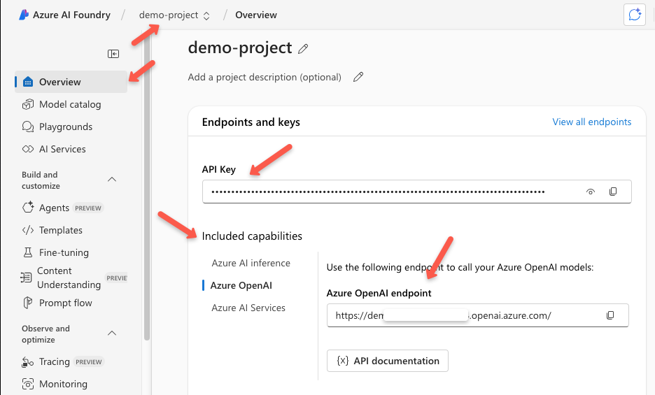 listing the defautl endpoints and api key of the azure ai project