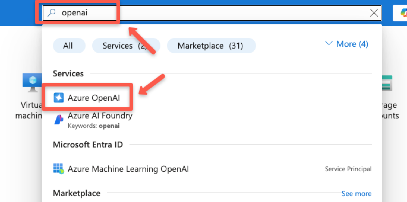 typing the find azure openai from the search bar