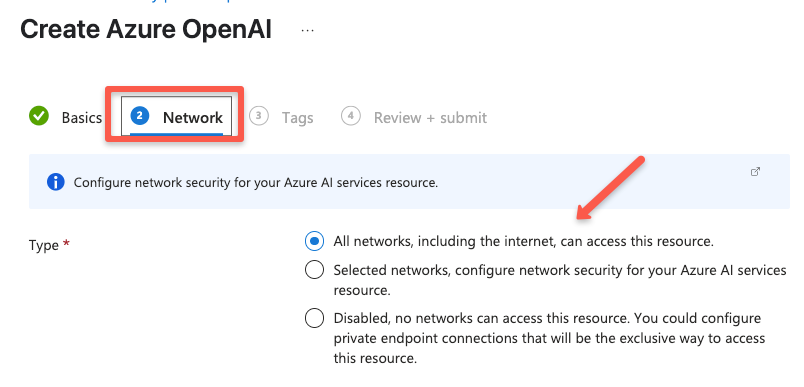 the network page of the azure openai resoruce creation