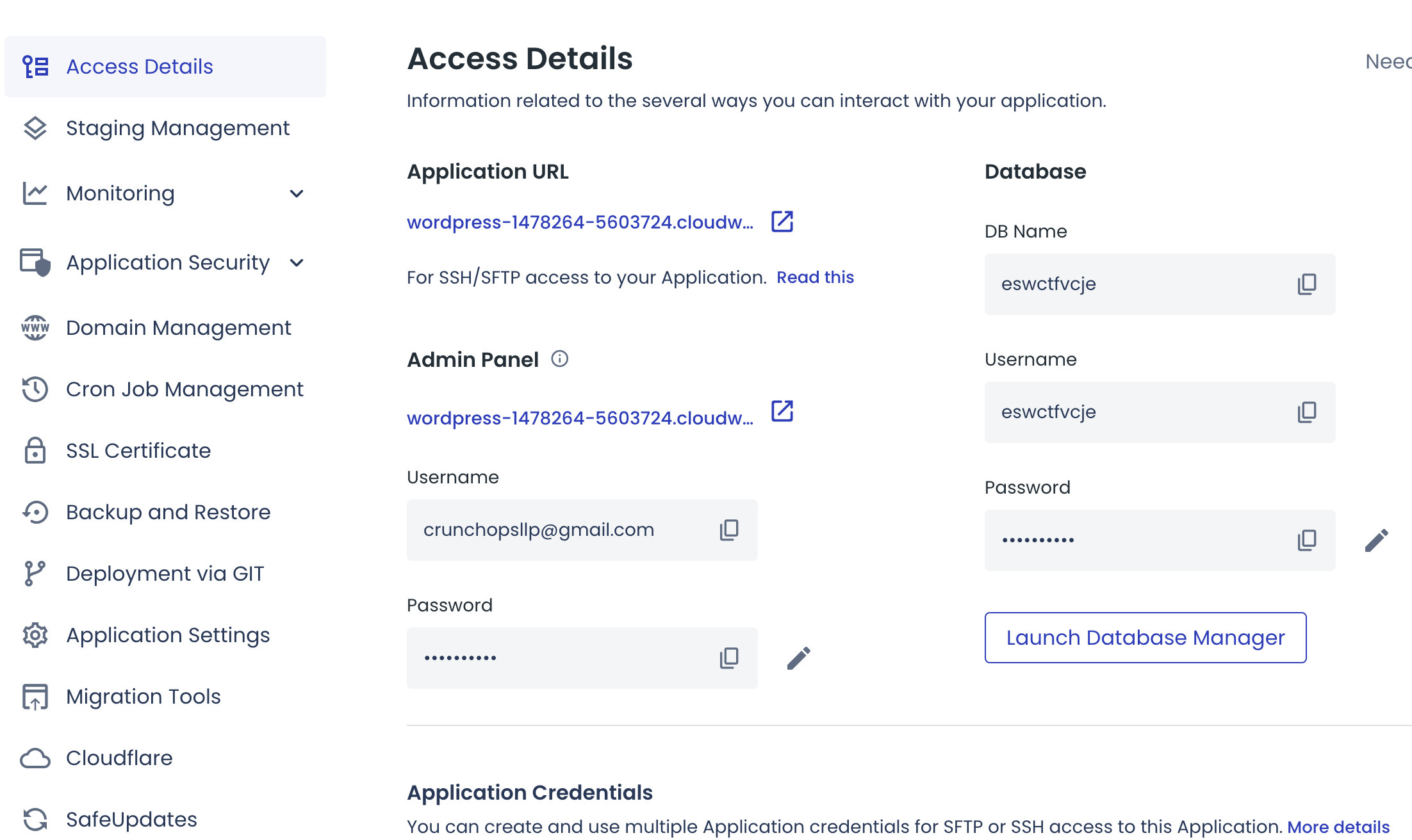 Cloudways wordpress application login details