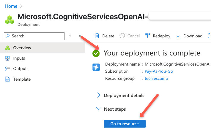 the confirmation of the Azure openai resource creation