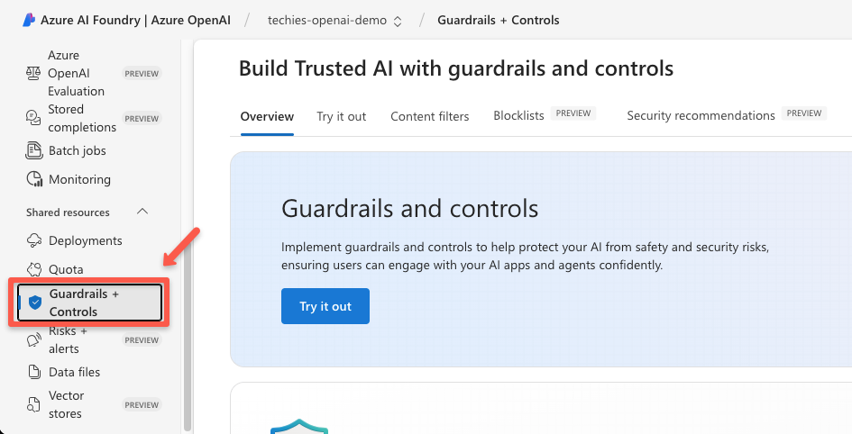 The security configuration page of the azure openai