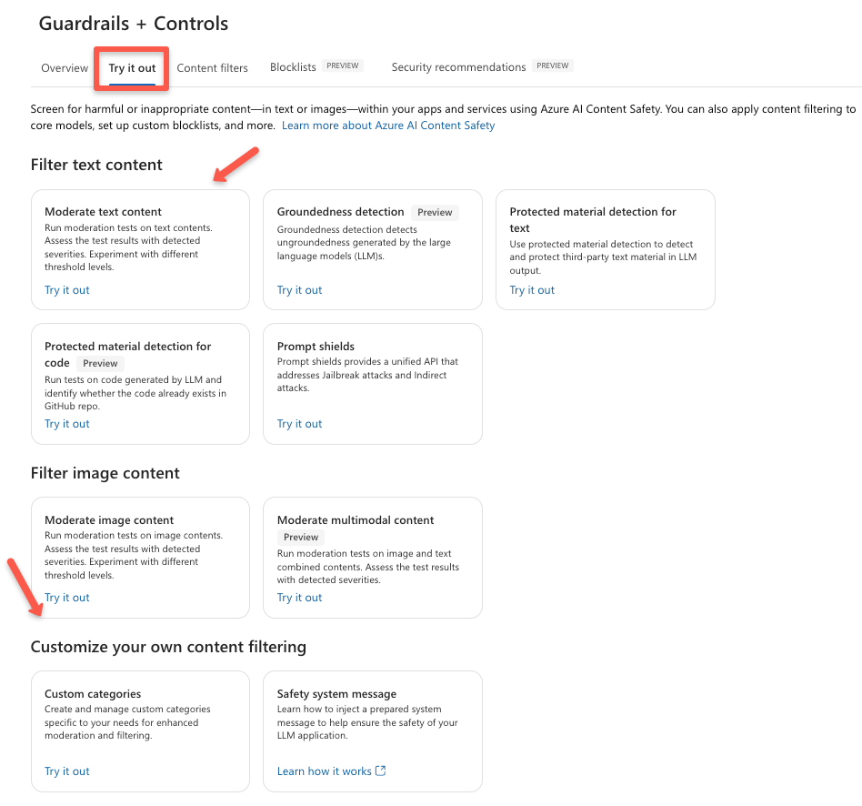 availabe content filtering configuration of the azure openai