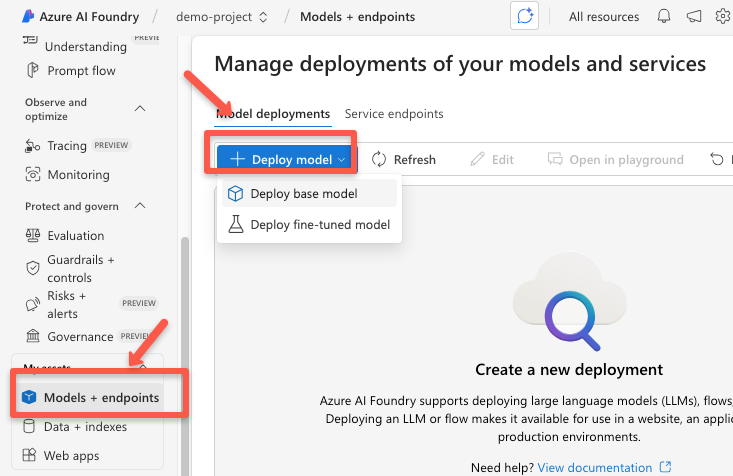 the model and endpoints page of the azure ai foundry project