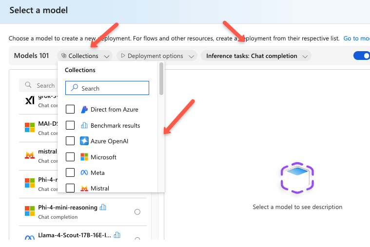 the llm model selection page to deploy the model for the azure ai foundry project
