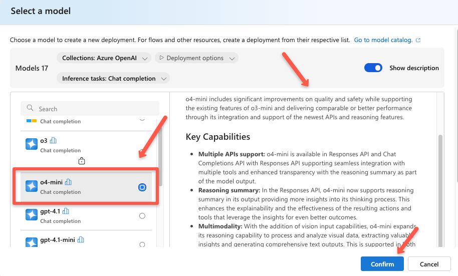 the selected llm model and the description for the azure ai foundry project