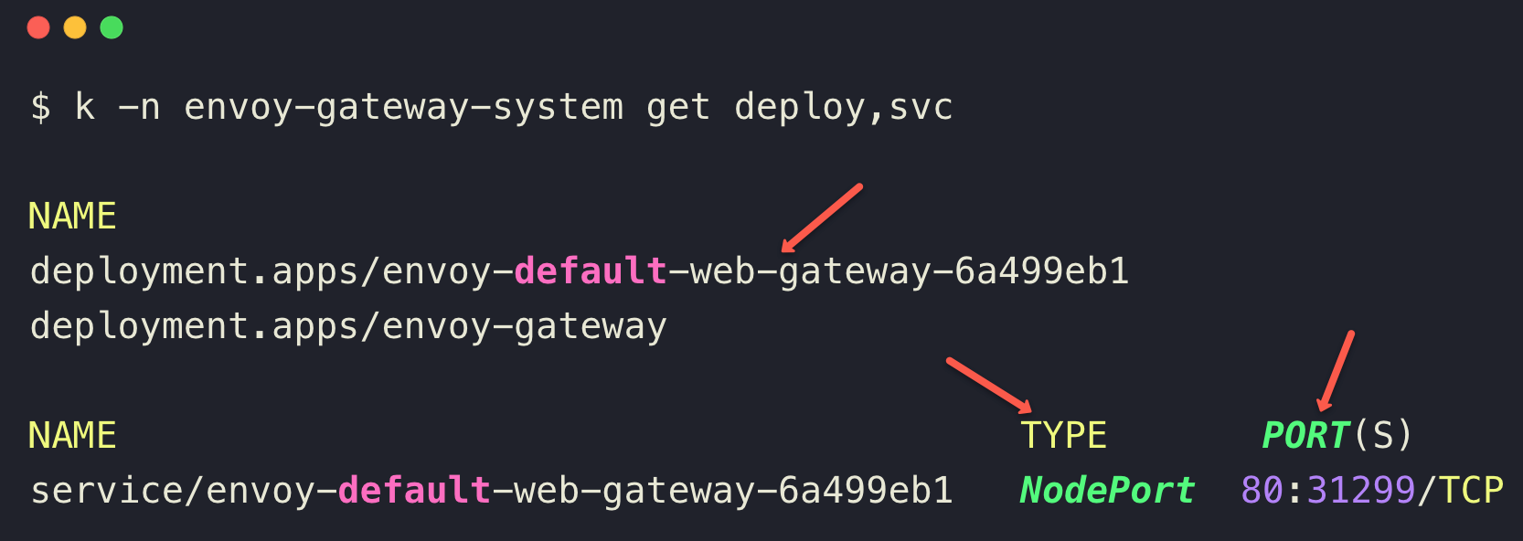 The output of the deployed envoy gateway pod with NodePort 