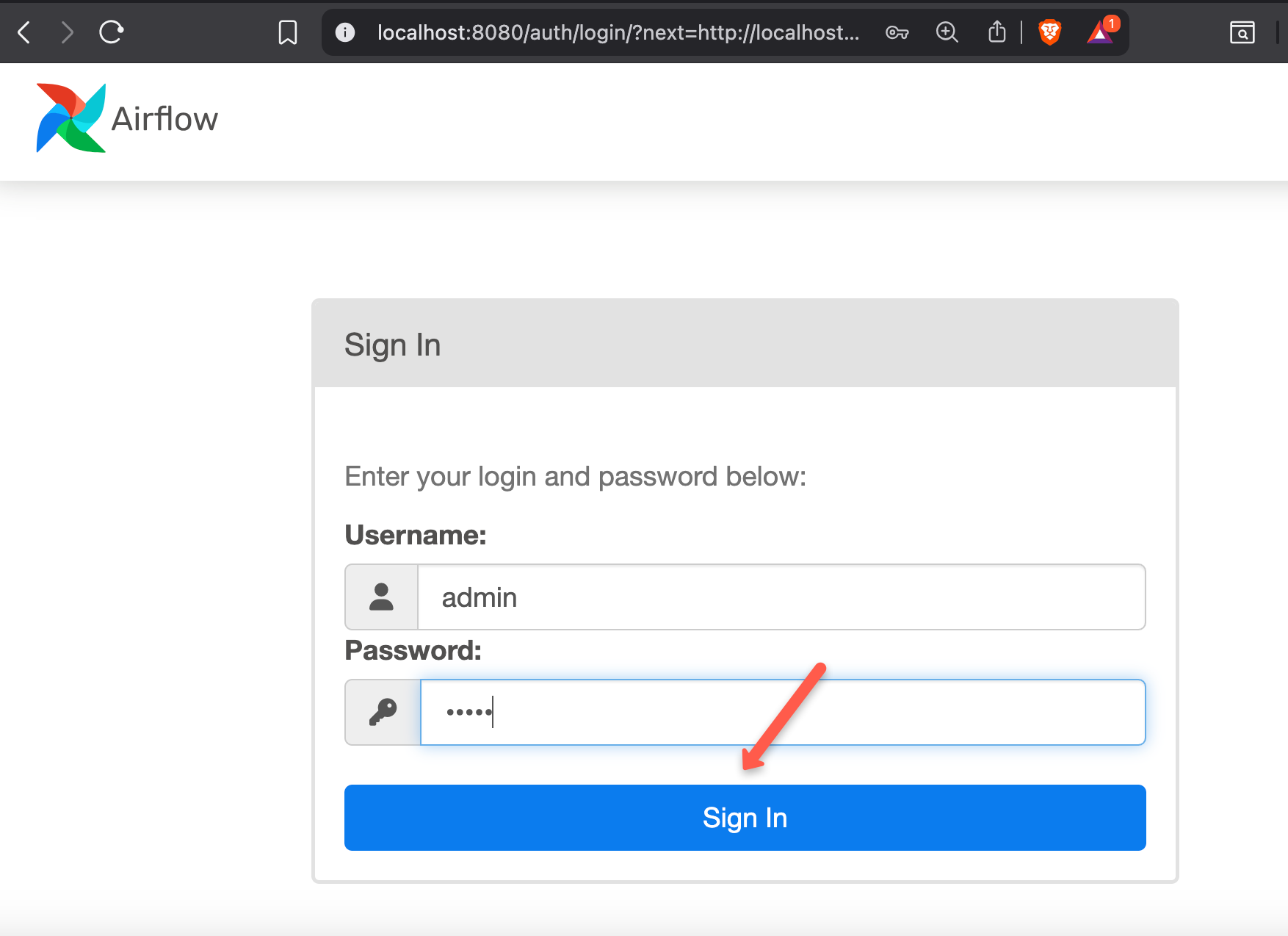 The login page of the apache airflow