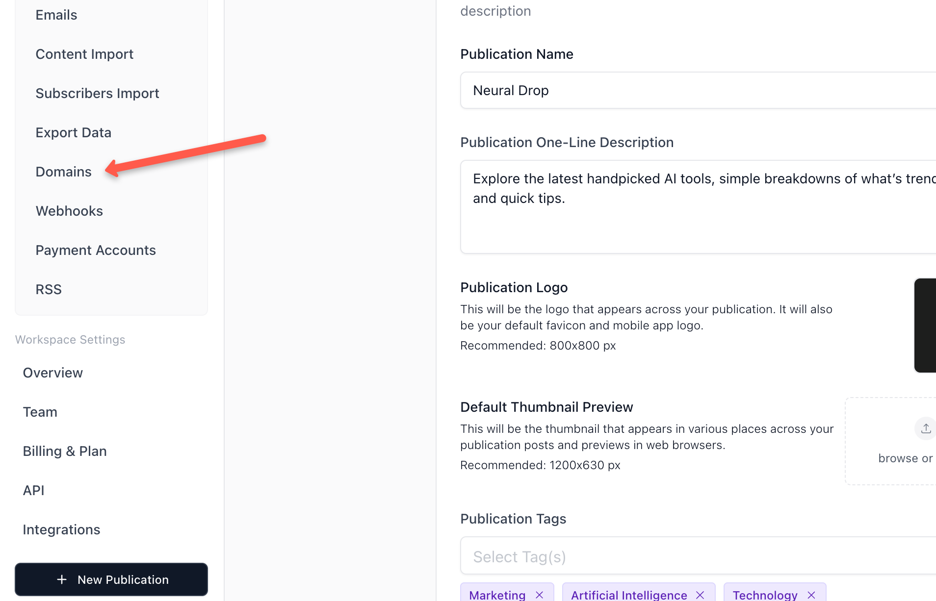 User will find the Domain option from the settings option