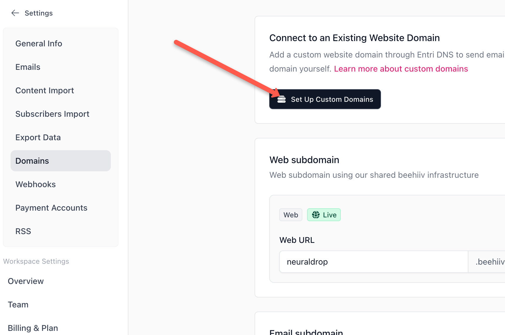 Click on the set up custom domains button