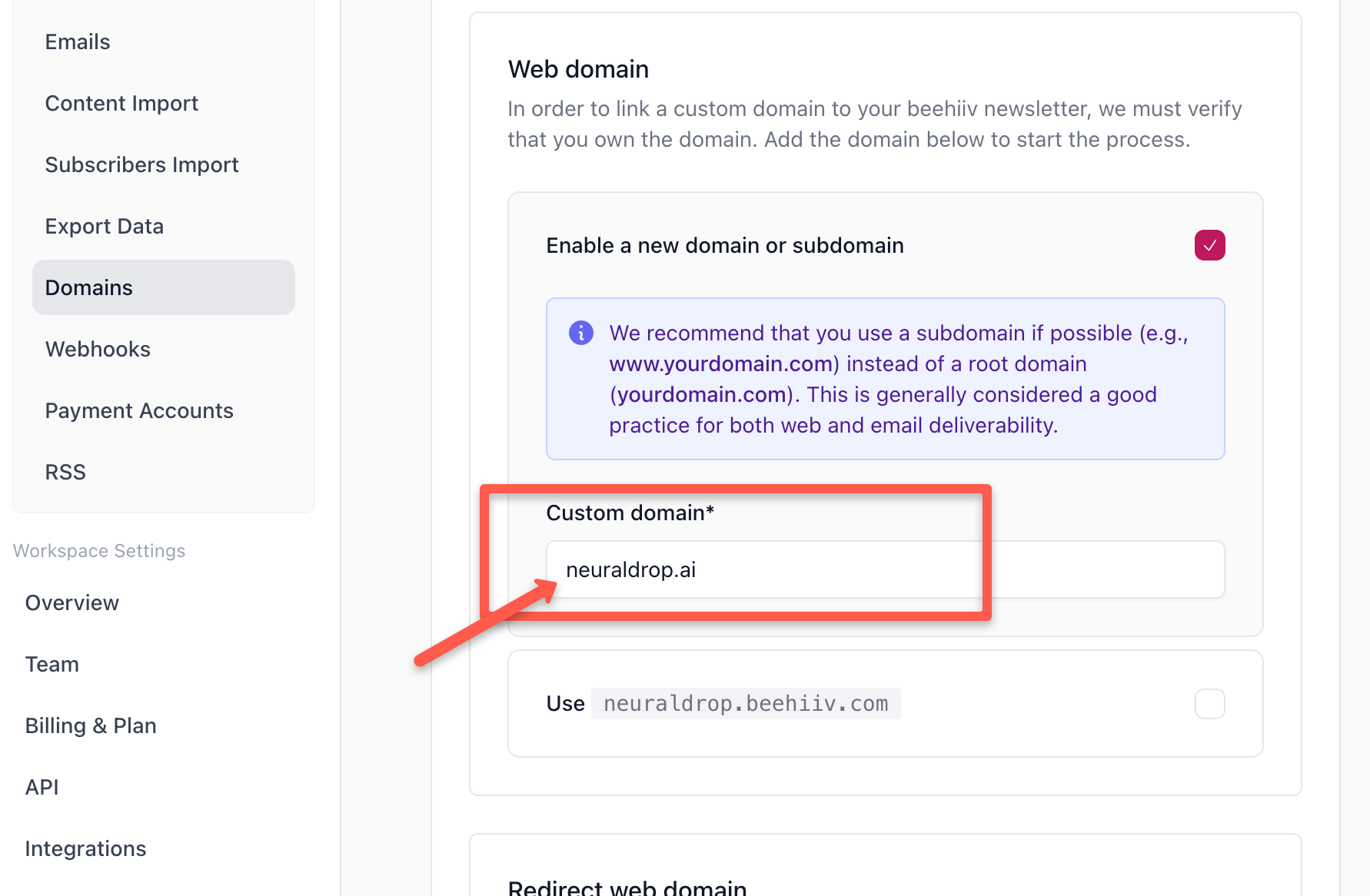 Enter the custom domain