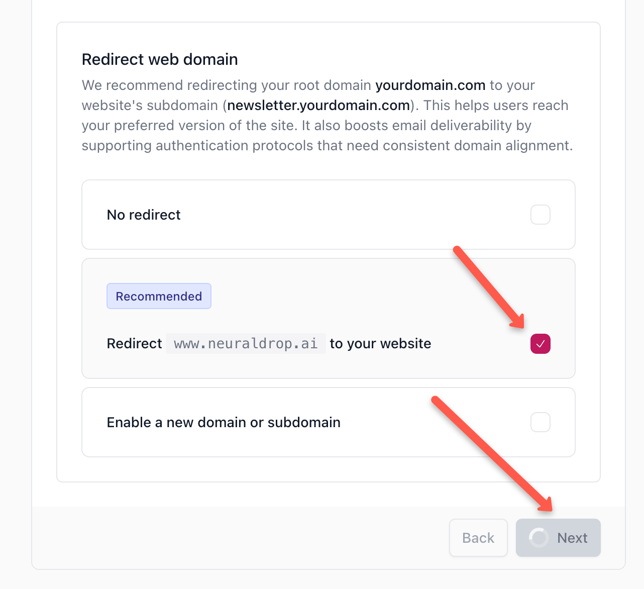 enable WWW redirect and click continues