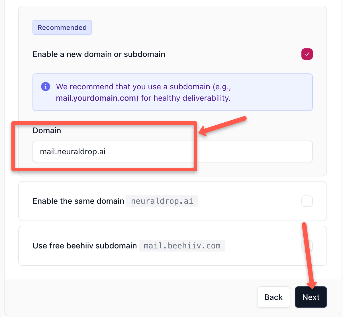 Enetr the recommended email with your domain