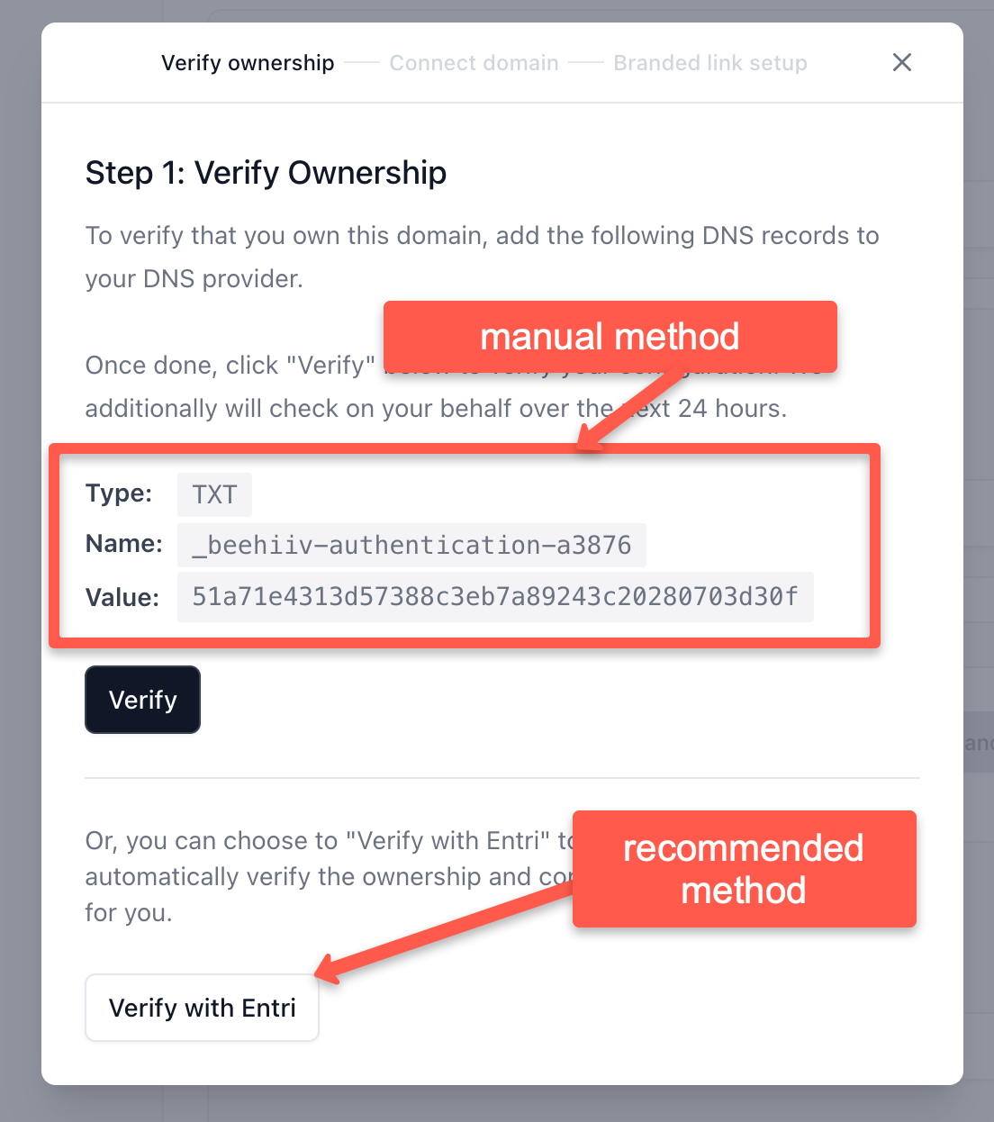 Choose the verification method: Manual method or Entri method