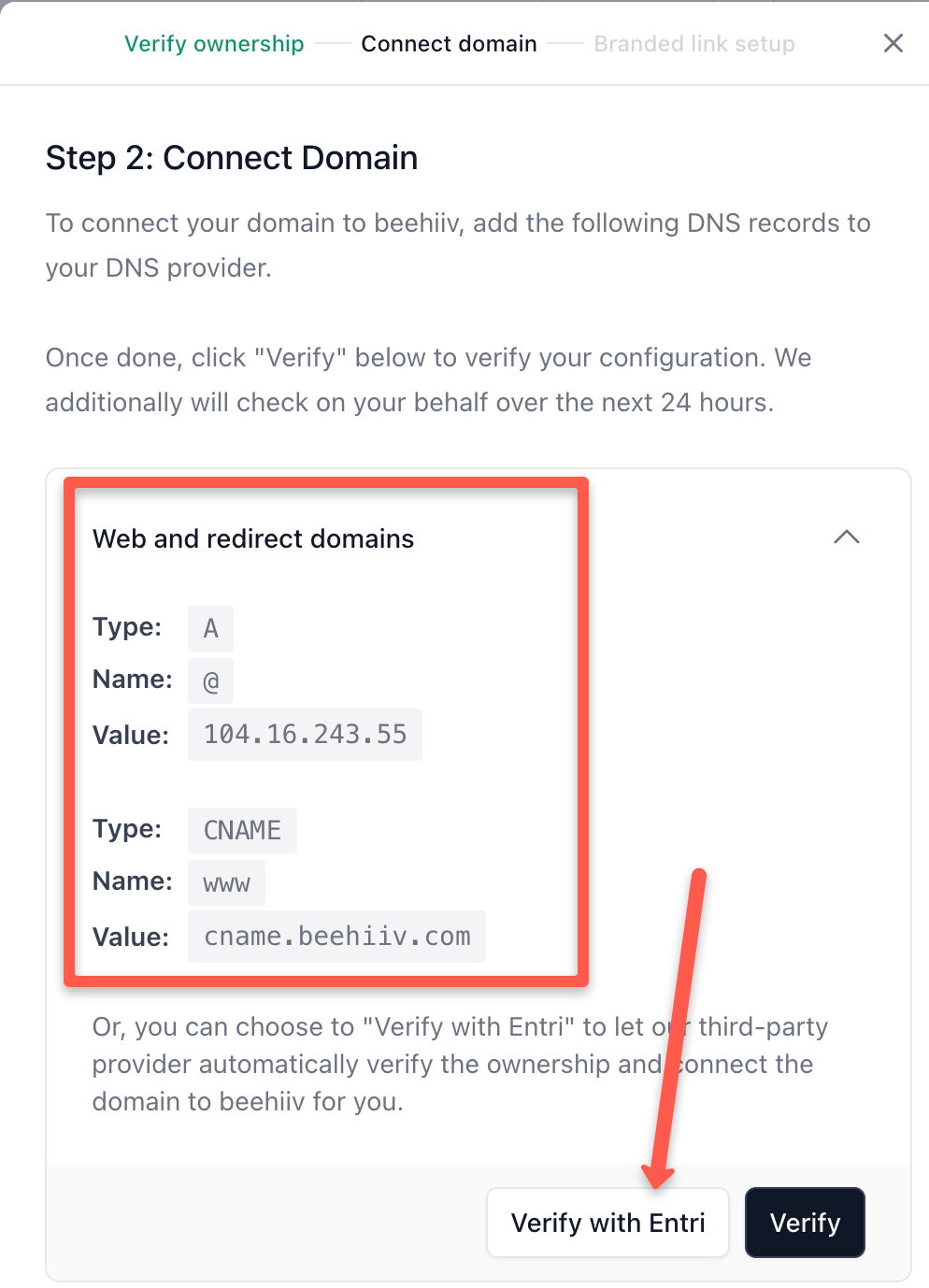 Click verify with Entri to verify the configuration