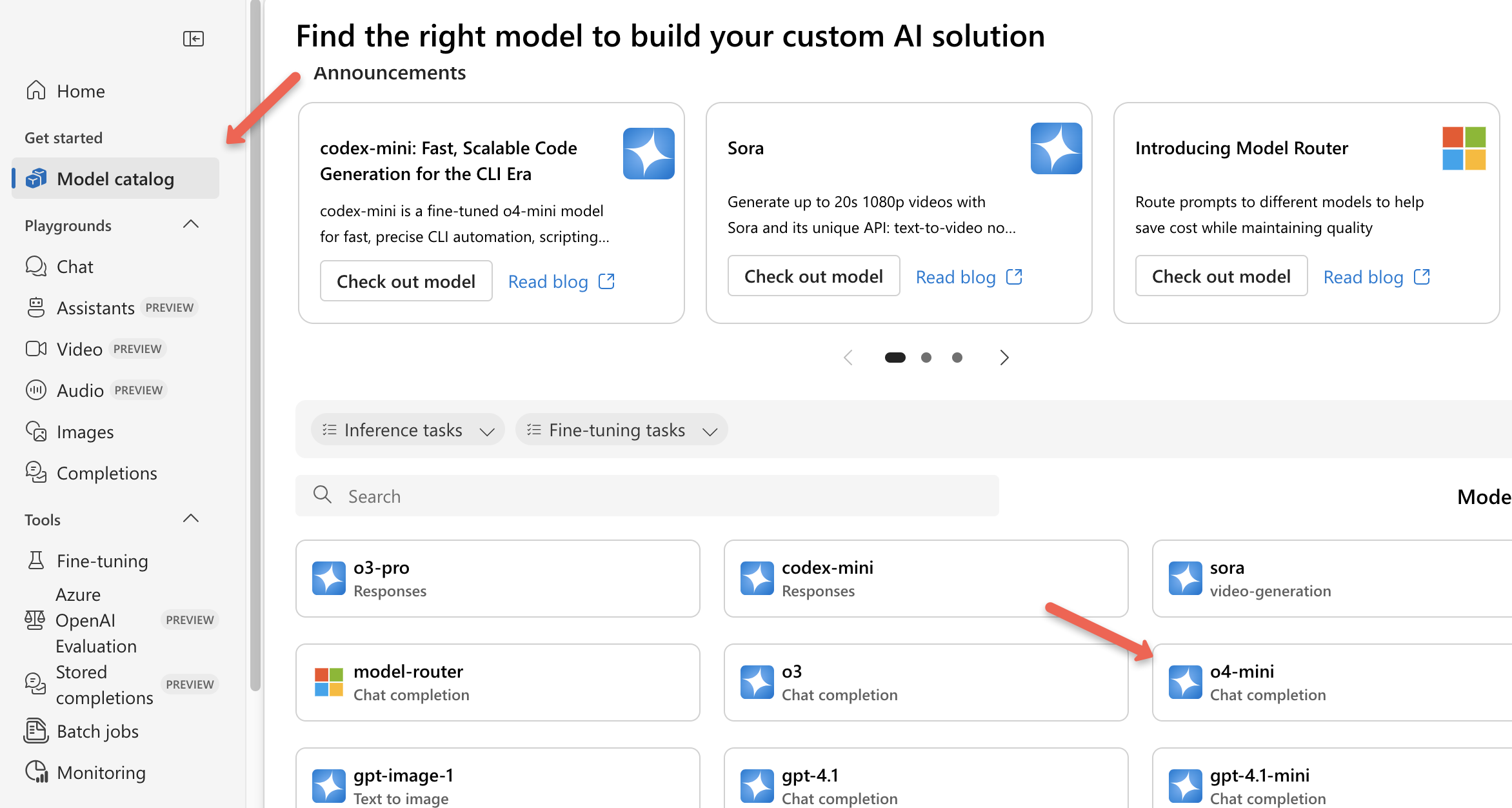 The azure openai model catalog page to select the model