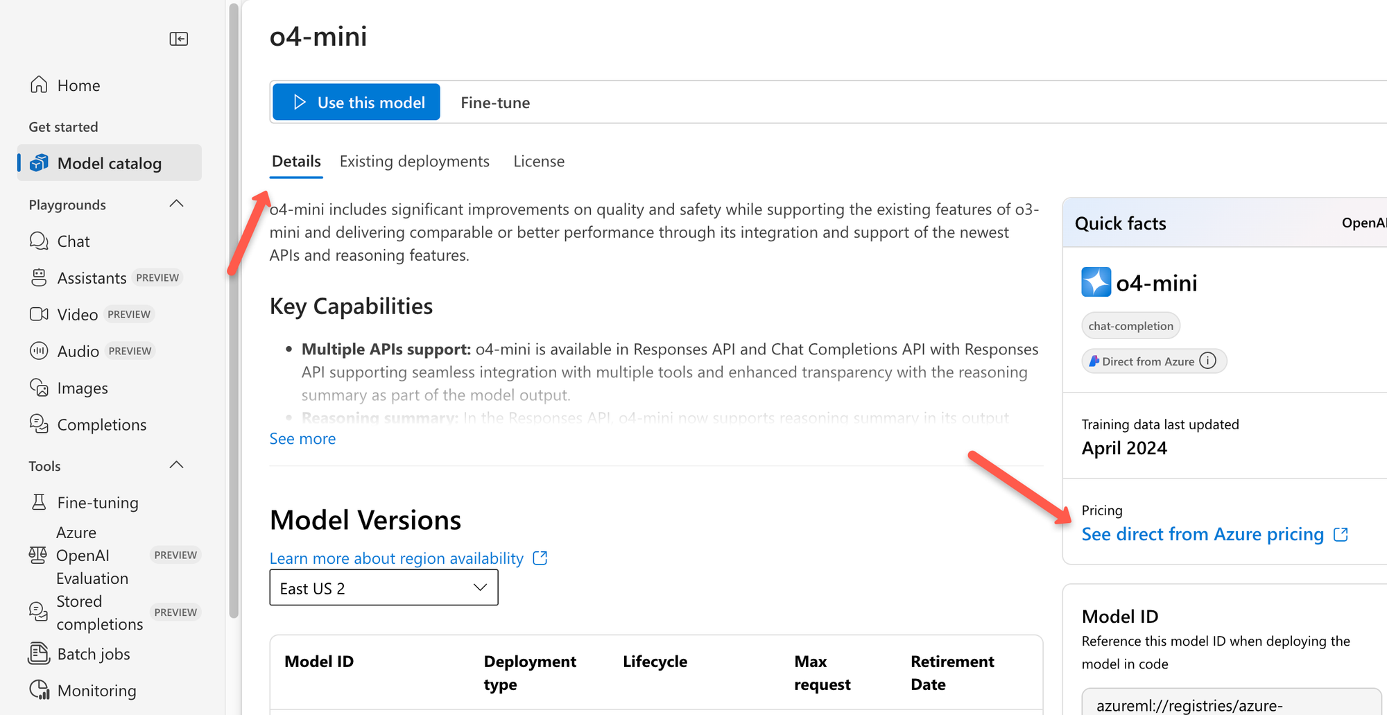 The azure openai model catalog page for directing to pricing page