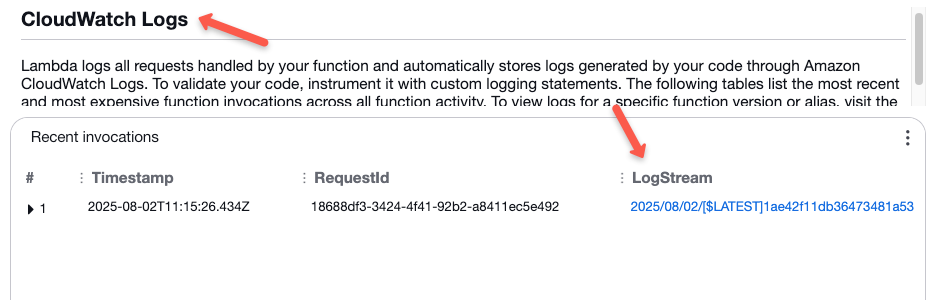 the cloudwatch log section of the aws lambda function