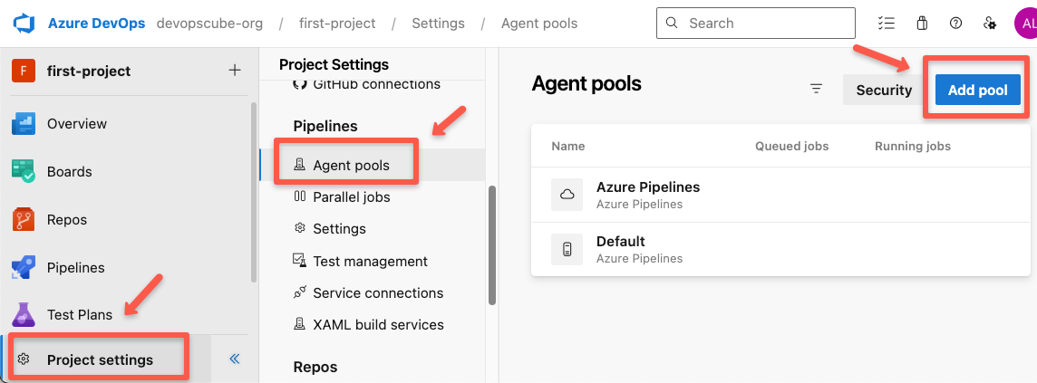 the pool creation for the azure devops self hosted runner