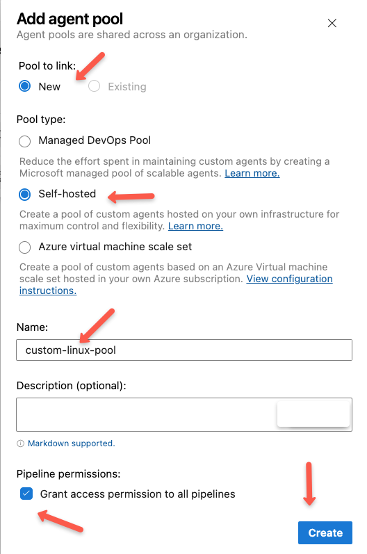 filling the pool creation form for the azure devosp pipeline