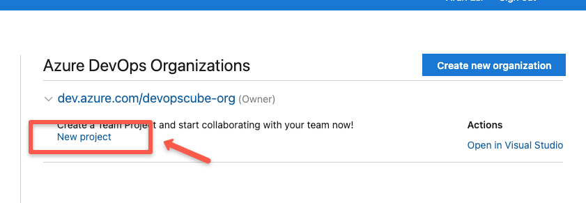 the project creation from the azure devops organization console.