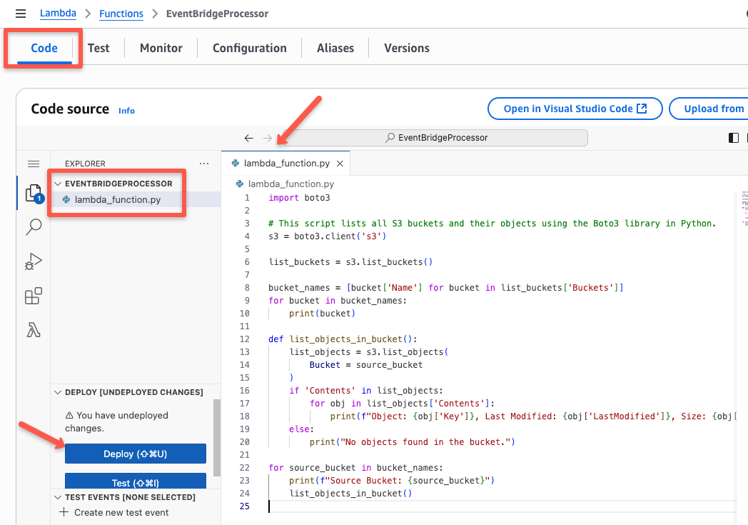 the code section of the aws lambda function
