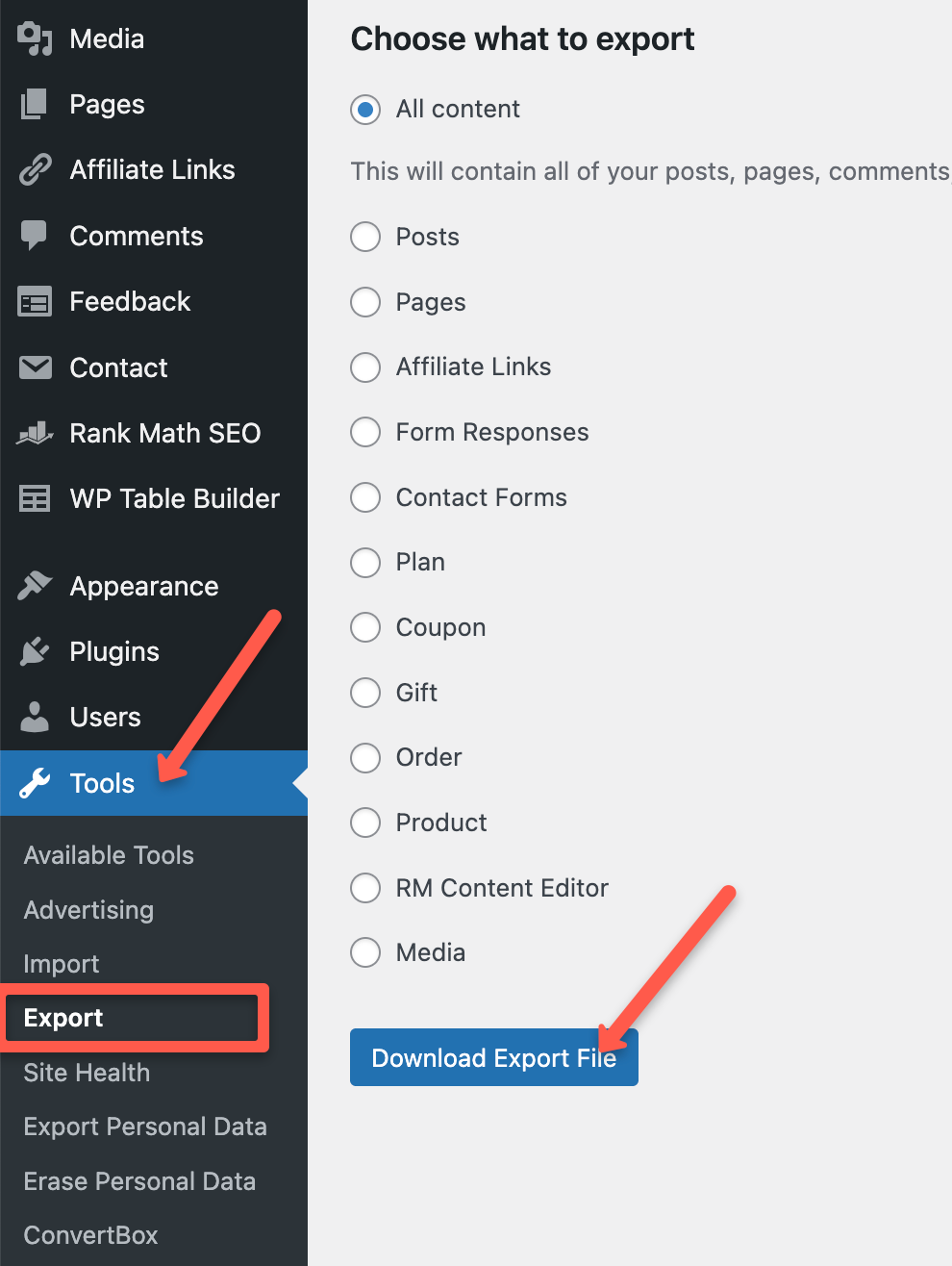Click the download export file to download all the data