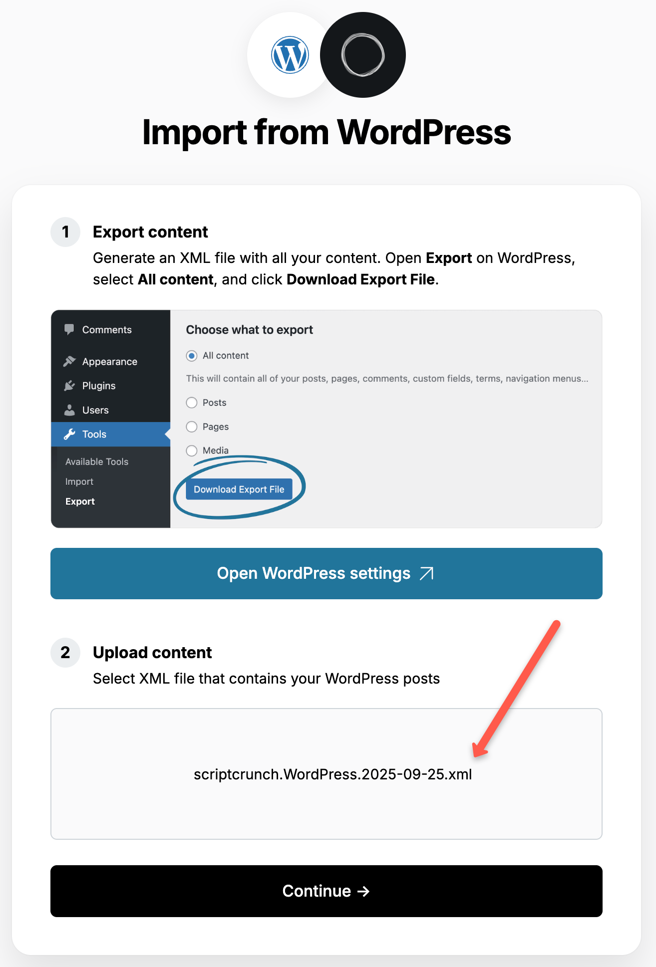 Ghost worpress XML content upload option