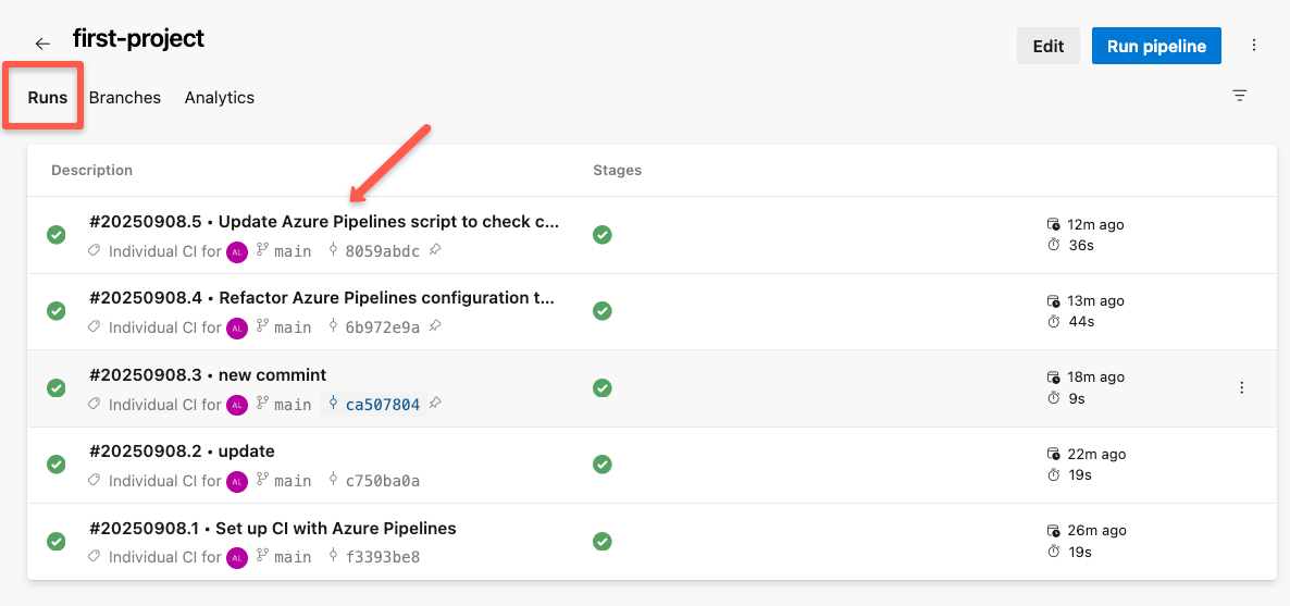 the list of pipeline runs in azure devops