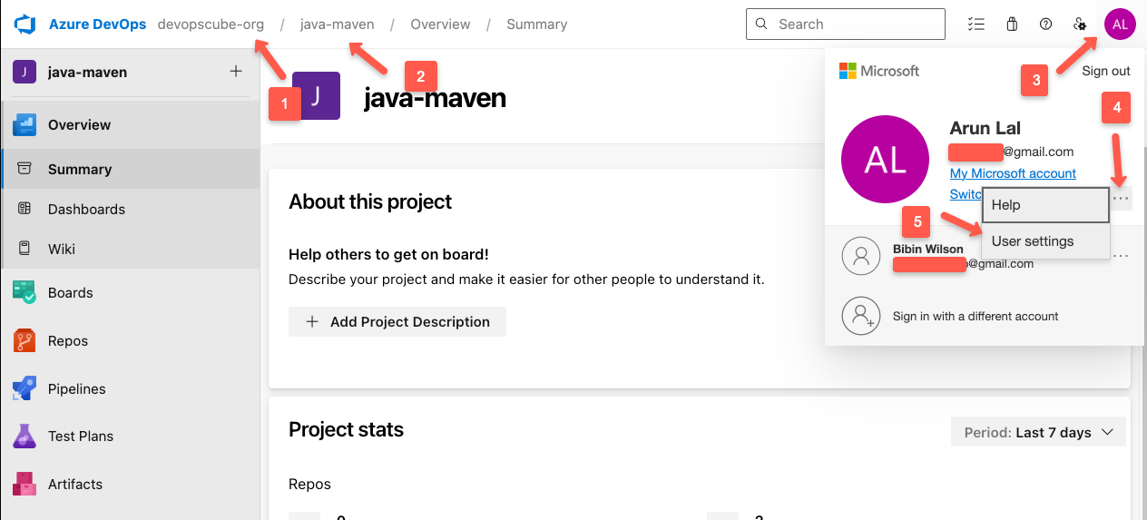 selecting azure devops project user setting to create a PAT
