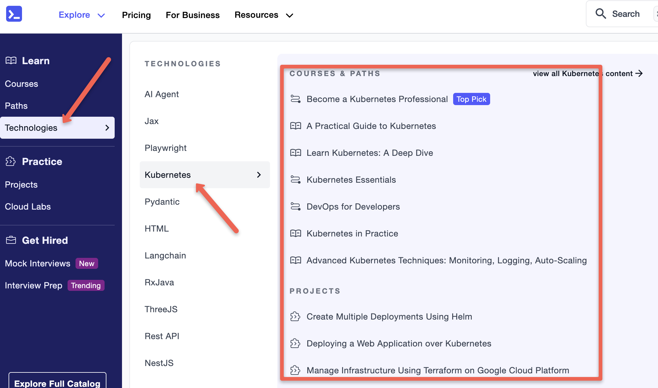 technologies Interface in educative