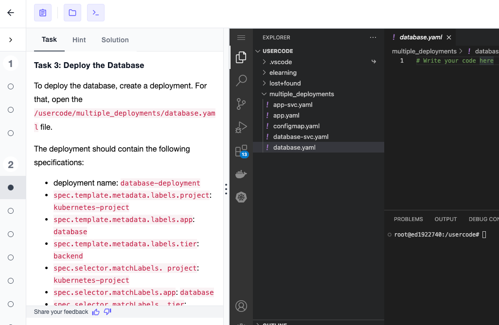 Educative.io browser IDE environment Interface for hand-on tasks