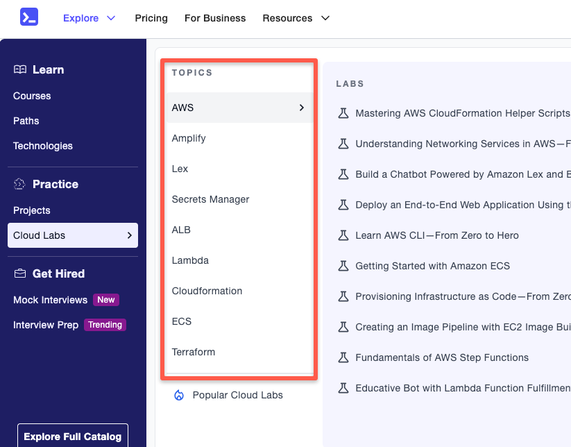 cloud labs Interface in educative.io