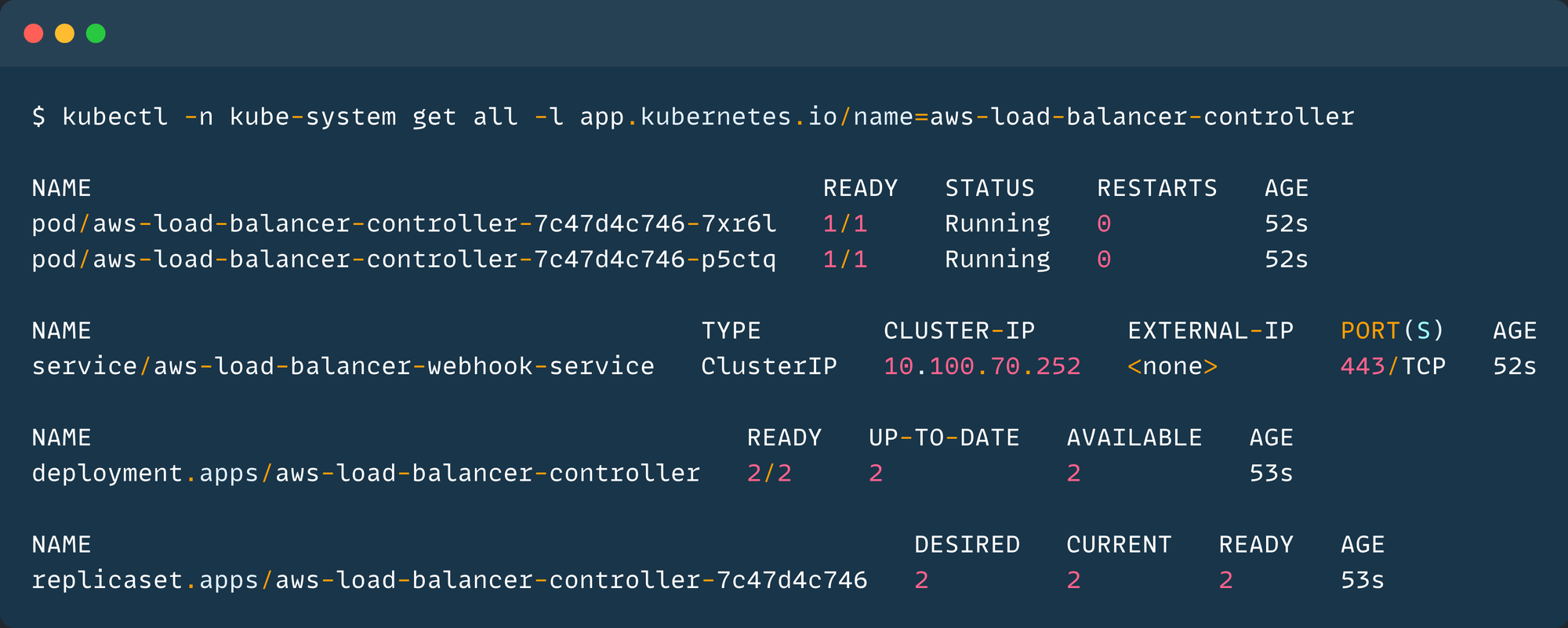 the status of the load balancer controller pods and service
