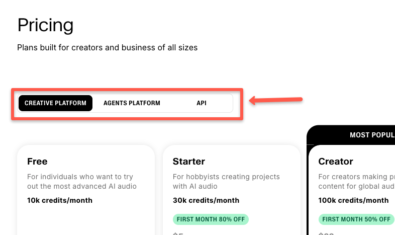 Select whether the user want creative platform, agents platform or API