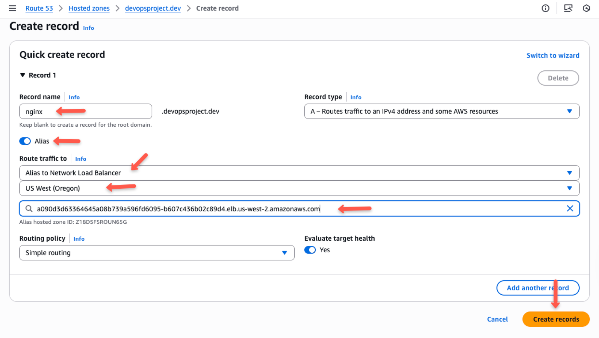 the recored configuration for the load balancer such as the record name, type and the routing policy.
