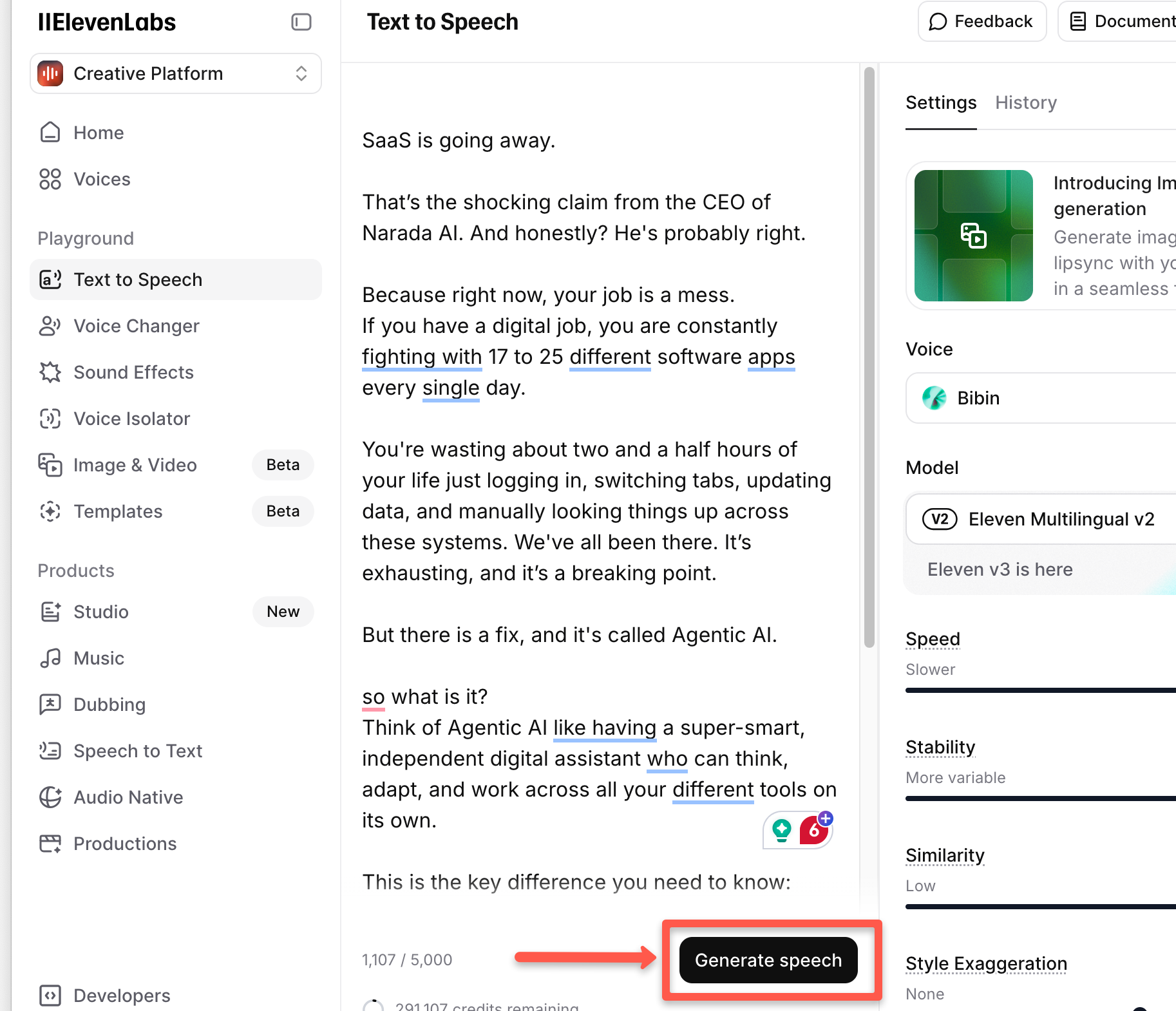 click generate speech button