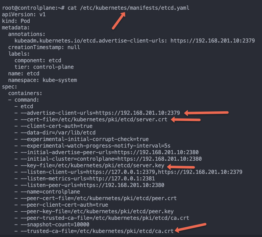 getting cert files from etcd static pod manifest