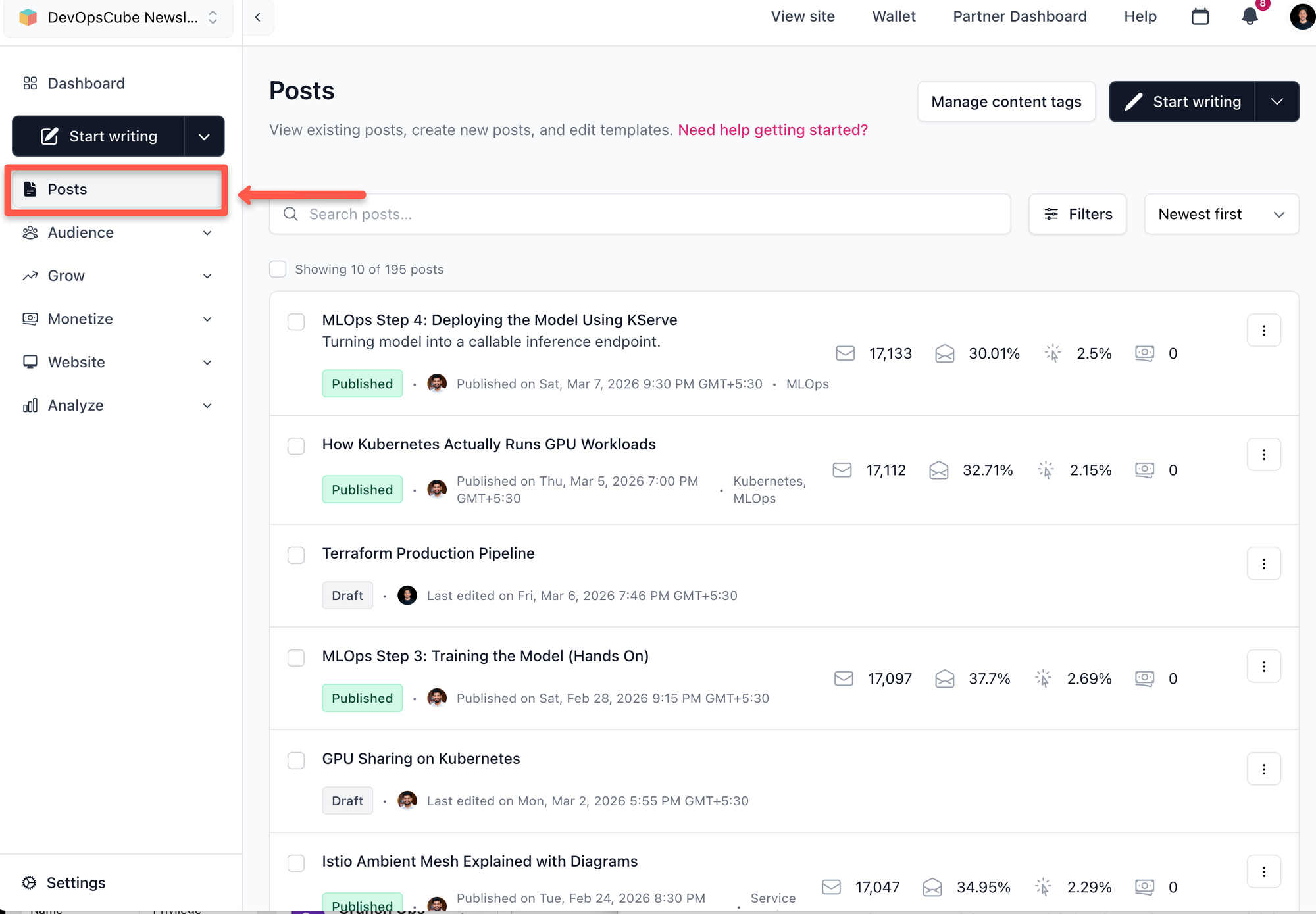 Beehiiv post section