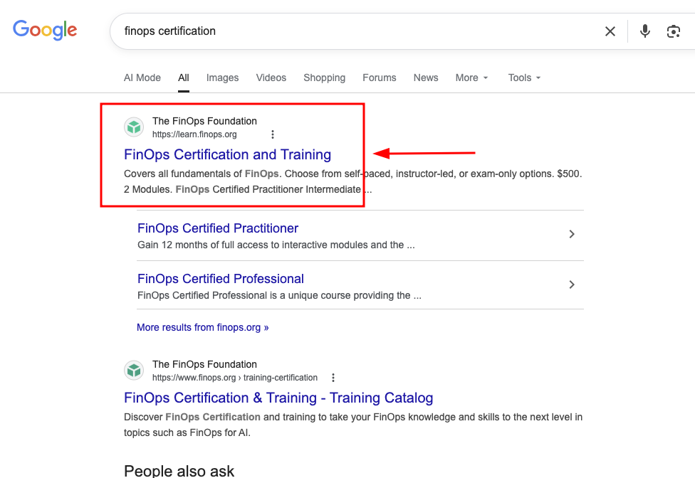 Search FinOps certification in Google search